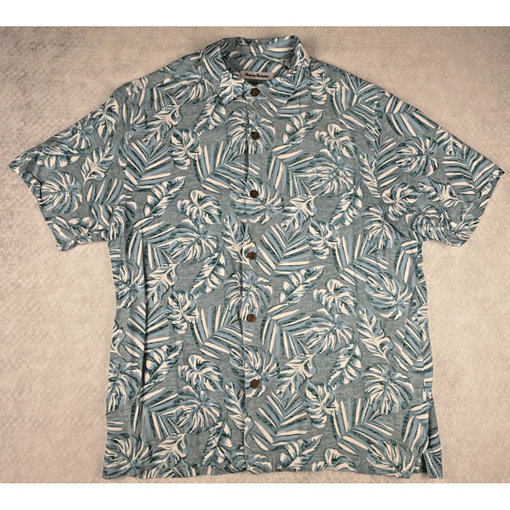 Tommy Bahama Mens Large Blue Tropical Button Up Camp Shirt 100% Viscose Lenzing